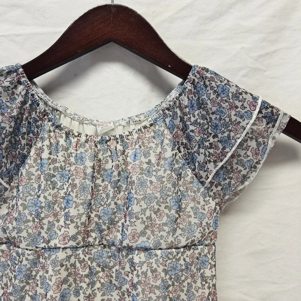 Sweet Butterfly Floral Mesh Dress Girl S 7/8 White Pink Blue Flutter Sleeve Boho